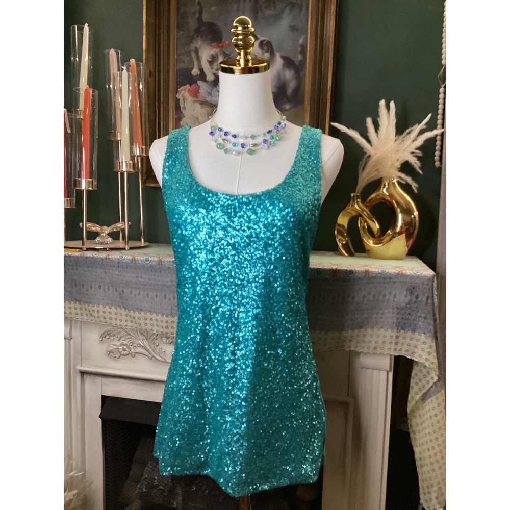Guess Turquoise Sequin Front Sleeveless Scoop Neck Top Teal Large Q34P06K1BV0